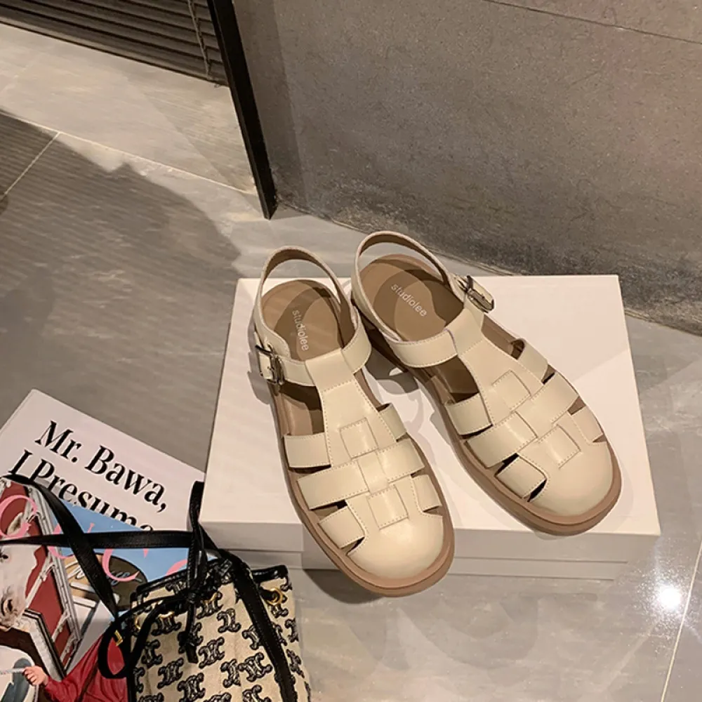 2024 Estate Nuovi Sandali Romani Retro Intrecciato Baotou Tacco Spesso Con Suola Spessa Retro Sandali Piatti Romani Per Le Donne