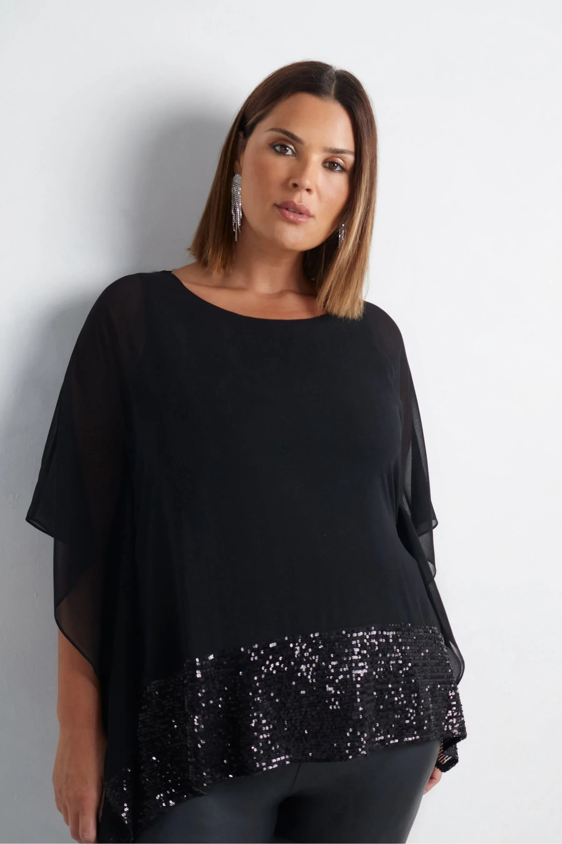 Live Unlimited Curve Chiffon Sequin Trim Overlayer Top    