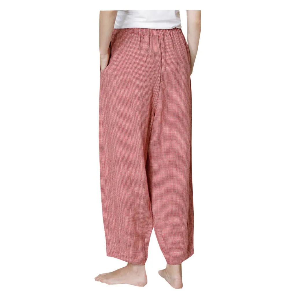 NEIRAMI pantalone donna ovetto quadri beige/rosso P933LC BLUSANTE 100% lino MADE IN ITALY