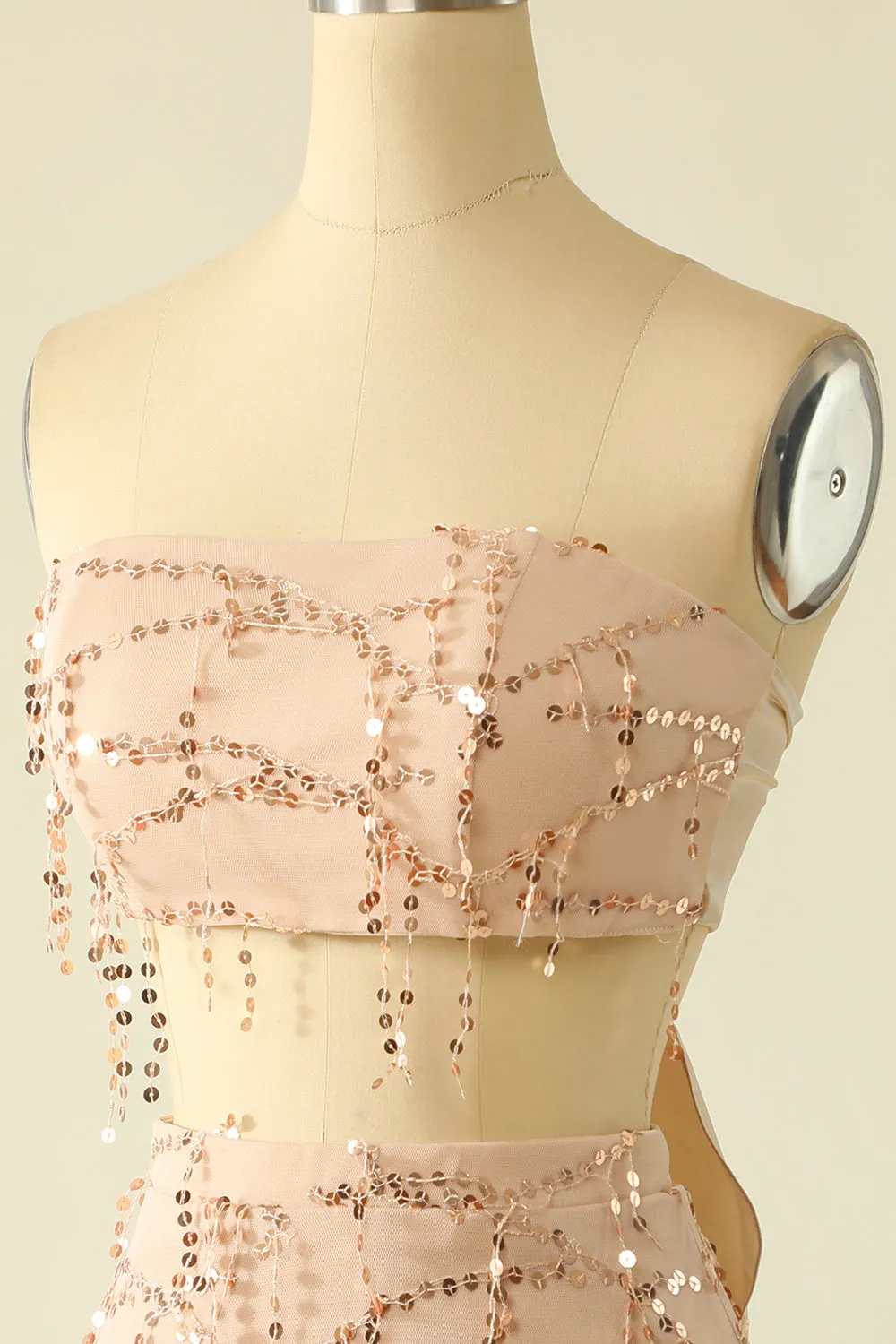 Paillettes a due pezzi senza spalline Rosa Abiti da cocktail