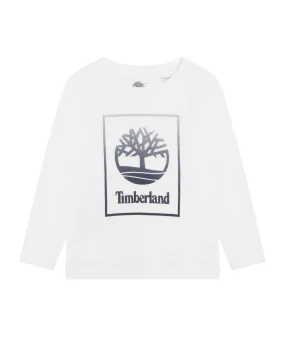 T-shirt bianca in cotone a manica lunga con stampa logo blu 6-12 anni