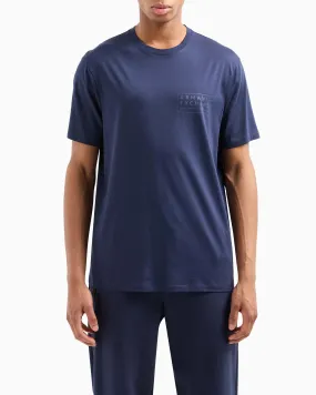 T-shirt blu in puro cotone con stampa logo rettangolare in tono sul petto