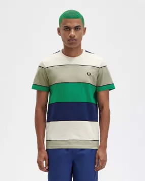 T-shirt mezza manica in fantasia a blocchi di colore verdi panna e blu